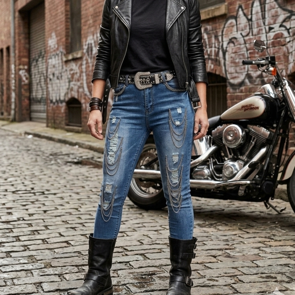 Distressed Skinny Blue Jeans with Chain Embellishments
